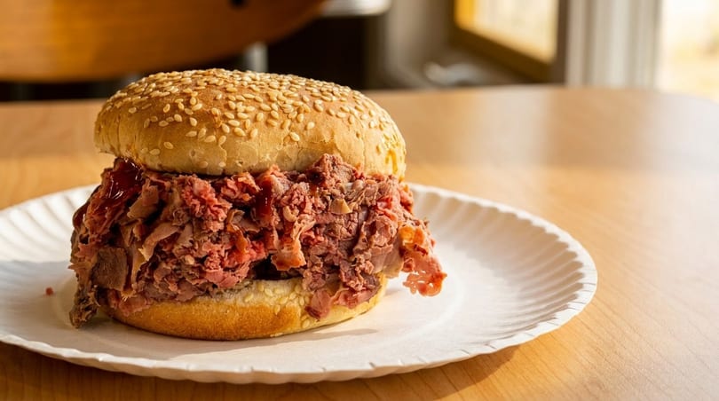A large, juicy roast beef sandwich with barbecue sauce on a sesame seed bun, on a paper plate.